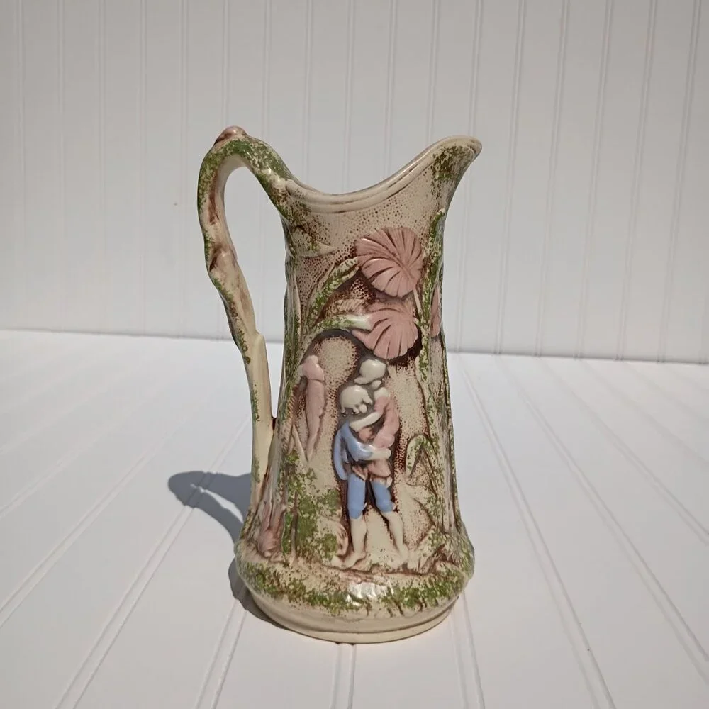 Vintage Handmade Pitcher Floral Relief Green Pink Majolica Style Victorian Vase